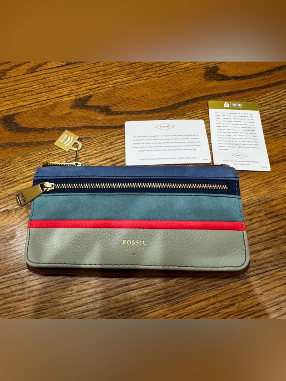 Fossil Colorblock Leather RFID Zip Wallet - Blue/Gray/Red